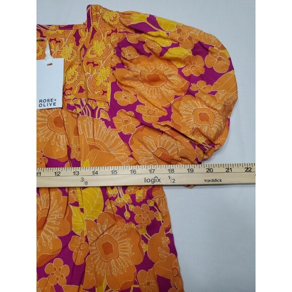 Rose & Olive Top Womens Size M Orange Short Sleeve Floral Boho Button NWT - Picture 6 of 10